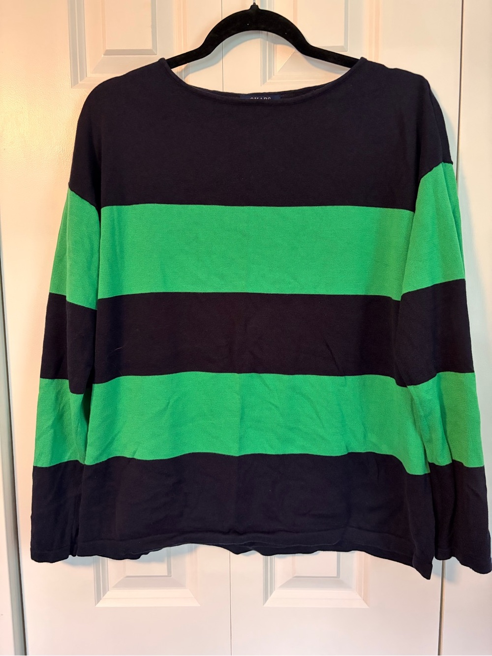 CHAPS Kelly Green and Navy Striped Knit Pullover Boat Neck Sweater
